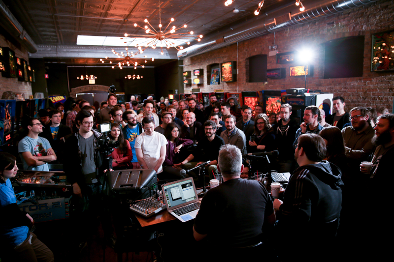 DeBonis and Mikros address the crowd at Logan Arcade’s Founder’s Day Tournament